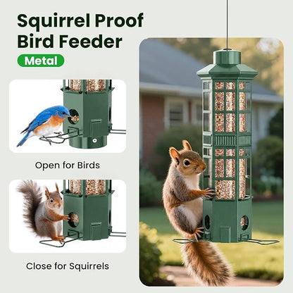 Squirrel Proof Bird Feeder, Chew-Resistant Metal Hanging Bird Feeder for Outdoors Gravity Spring Mechanism, 3 Feeding Ports, 3LB Large Capacity, Weatherproof Design for Wild Birds
