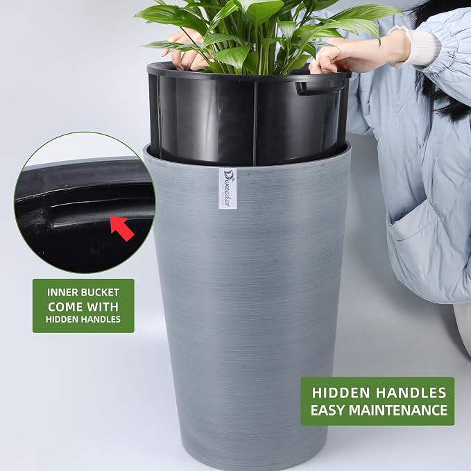 Dexceder 16x12 Self Watering Tall Planter (Gray, Wire Drawing) | High Cylinder, Thickened Large Floor Standing Flower Plant Pot with Water Level Indicator Indoor Outdoor