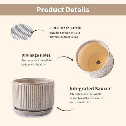 SURE YUESI Ceramic Plant Pots Set of 3, Indoor Outdoor Planters with Drainage Hole and Saucer, Ceramic Flower Pots for Indoor Plants, 4.3+5.5+6.8 Inch, Home, Garden, Patio and Office, Matte Grey