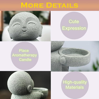 Sandstone Buddha Statue Candle & Incense Cone Holder, Small Jizo Figurine for Home Decor, Tiny Buddha Zen Monk Tealight Holder for Desk, Shelf or Nightstand, 3.5" H Mini Stone Decor Gift