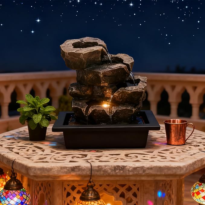 Indoor Tabletop Rock Waterfall Fountain with Warm Light & Stacked Stone for Home Office Desk Decor, Zen Resin Water Feature for Relaxation