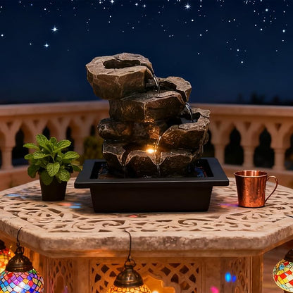 Indoor Tabletop Rock Waterfall Fountain with Warm Light & Stacked Stone for Home Office Desk Decor, Zen Resin Water Feature for Relaxation