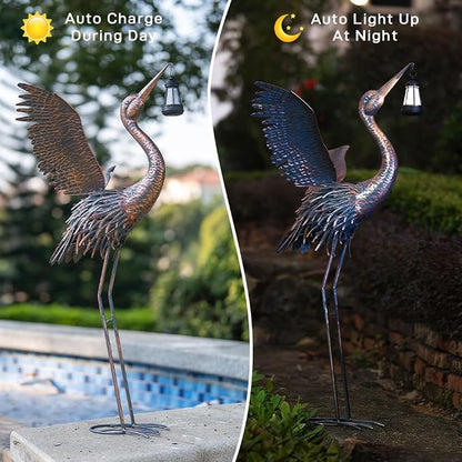 Crane Garden Statues with Solar Ligh for Outside, 43" Metal Heron Yard Art & Garden Sculptures - Large Outdoor Decor for Patio, Backyard, Pond, Lawn Ornaments