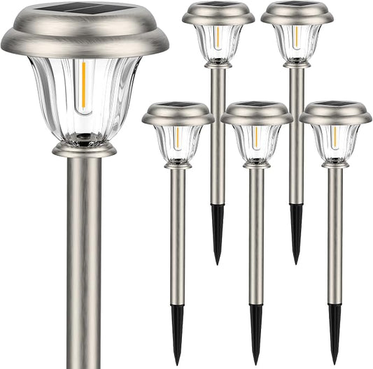 DERAYSION Solar Lights Outdoor Pathway, 6 Pack Stainless Steel Glass Solar Garden Lights, Auto On/Off Long-Lasting Waterproof Outdoor Solar Lights for Yard, Landscape, Path, Driveway, Walkway Décor | Glass Sturdy Stainless Steel, Long-Lasting driveways...