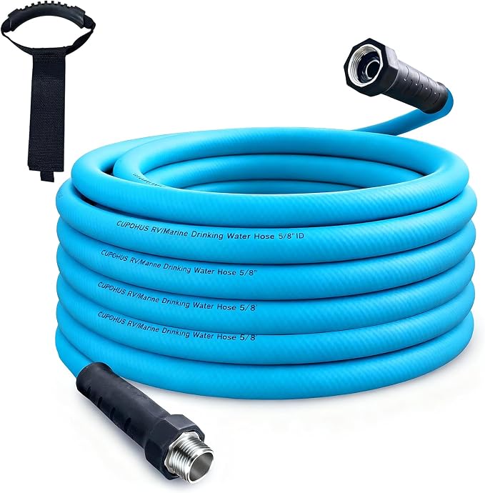 Cupohus RV Water Hose 50FT with Strain Relief Ends, Kink-Resistant Drinking Water Hose, 5/8''ID Potable Food Grade Hose with Storage Strap for RV, Marine, Camper, Truck, Car, Garden