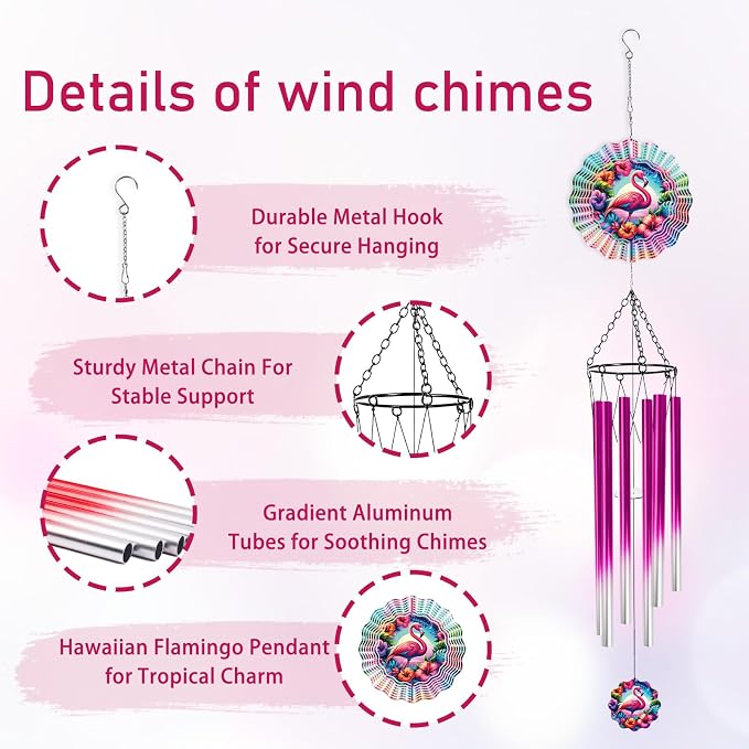 Flamingo Wind Chimes for Outside with Wind Spinner, Summer Garden Patio Yard Porch Decor, Tropical Flower Wind Chime with Colorful Gift Box, Summer Birthday Housewarming Gifts for Women Mom