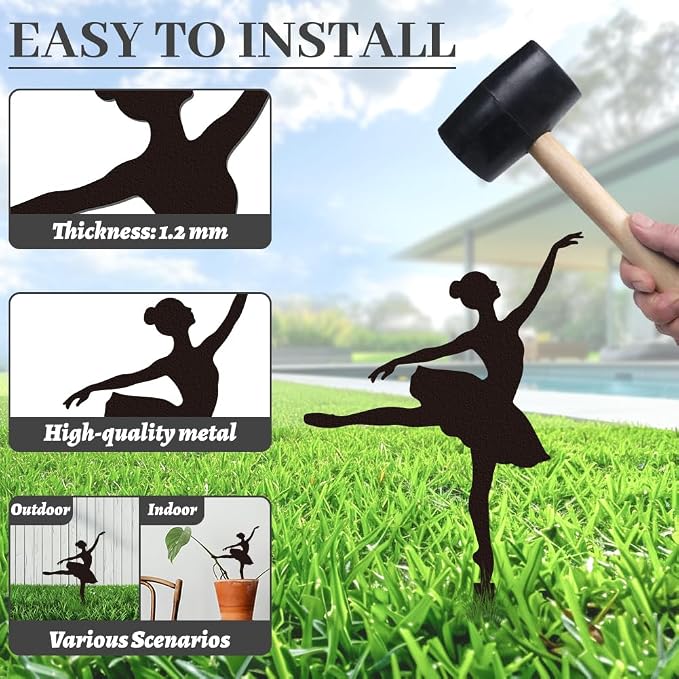 WADORN 2Pcs Ballet Girl Metal Decorative Garden Stakes, Black Ballet Dancer Silhouette Outdoor Statues Rustic Garden Ornament Gifts Yard Art Decoration Stake for Outdoor Backyard Patio Lawn Walkway