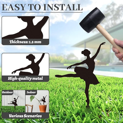 WADORN 2Pcs Ballet Girl Metal Decorative Garden Stakes, Black Ballet Dancer Silhouette Outdoor Statues Rustic Garden Ornament Gifts Yard Art Decoration Stake for Outdoor Backyard Patio Lawn Walkway