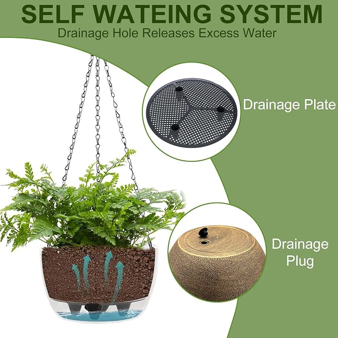 BAYN 2 Packs Solar Hanging Basket Planters for Plants Outdoor | Self Watering, Copper Flower Pots with Solar Light , Hanging Planters with Drainer for Balcony Patio Garden Decoration