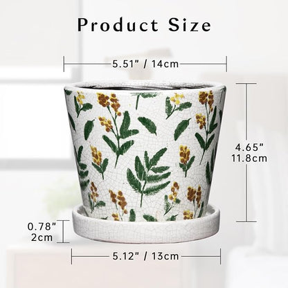5.5 Inch Decorative Plant Pots, Round Ceramic Planters for Indoor Plants Pots with Drainage Hole Saucers, Lemon Green Leaves Ceramic Flower Pots Retro Planter Pot for Succulents Cactus Outdoor Garden