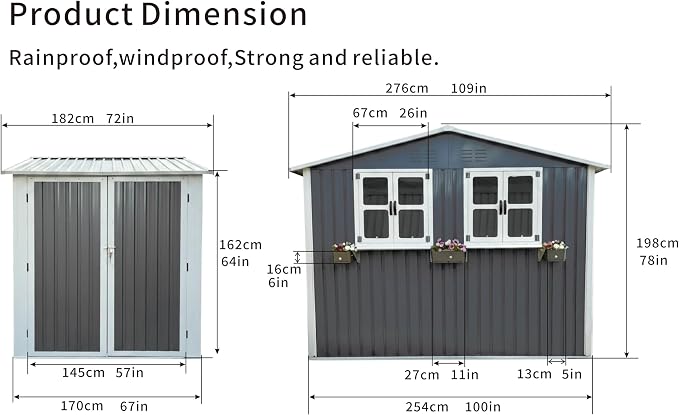 6x9 FT Outdoor Storage Shed with 2 Clear Openable Windows,Waterproof Metal Building Backyard Shed w/Windowsill & Garden Bed Flower Rack,Lockable Double Doors Tool Shed,Waterproof,for Yard,Gray