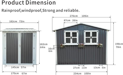6x9 FT Outdoor Storage Shed with 2 Clear Openable Windows,Waterproof Metal Building Backyard Shed w/Windowsill & Garden Bed Flower Rack,Lockable Double Doors Tool Shed,Waterproof,for Yard,Gray