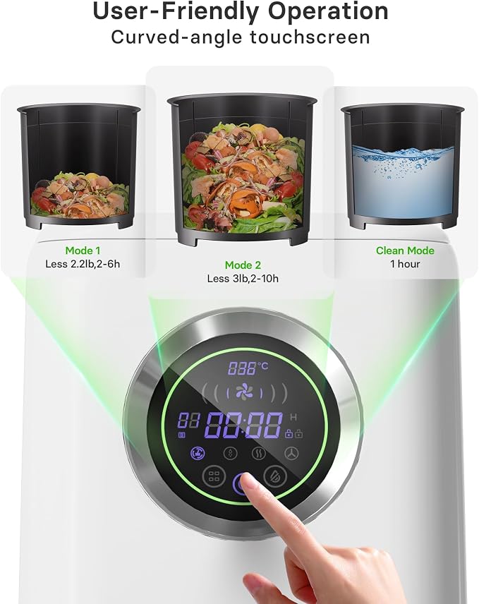 1 Gallon Electric Kitchen Composter, Smart Mill Food Recycler with Large Touch Screen, Compost Bin Indoor with 4 Sharktooth Blades, 0.5kWh Per Cycle Energy-efficient, Odorless, Low Noise,Auto-Cleaning