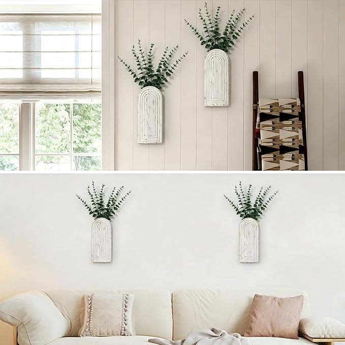 Wooden Wall Art Decor: Wall Vases for Indoor Artificial Plants & Flowers, Wood Wall Hanging Planters for Home Decor - Bathroom, Living Room, Bedroom, Patio (Washed White)