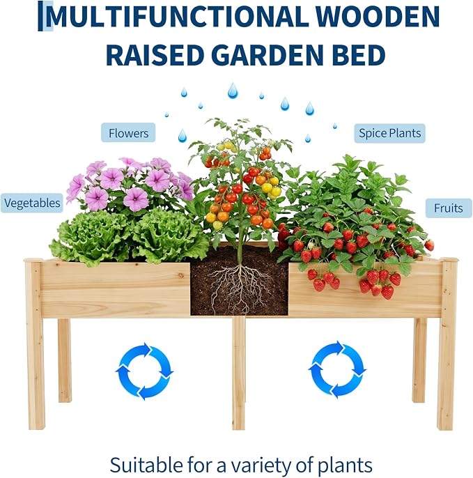 Garvee 72" x 26" Wooden Raised Garden Bed with Legs | Elevated Reinforced Planter Box for Outdoor Backyard/Patio/Balcony Vegetables, Herbs, Gardener w/Divider Panel, Natural