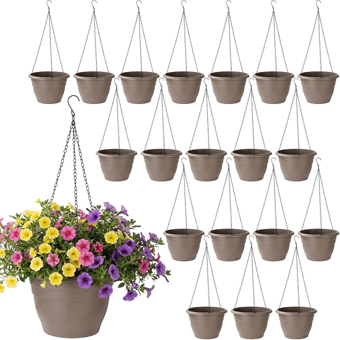 20 Pack 10 Inch Plastic Hanging Planter Bulk Brown Hanging Baskets for Plants with Drainage Trays Self Watering Plant Pot Outdoor Indoor Planter for Garden, Balcony, Porch, Patio Decor