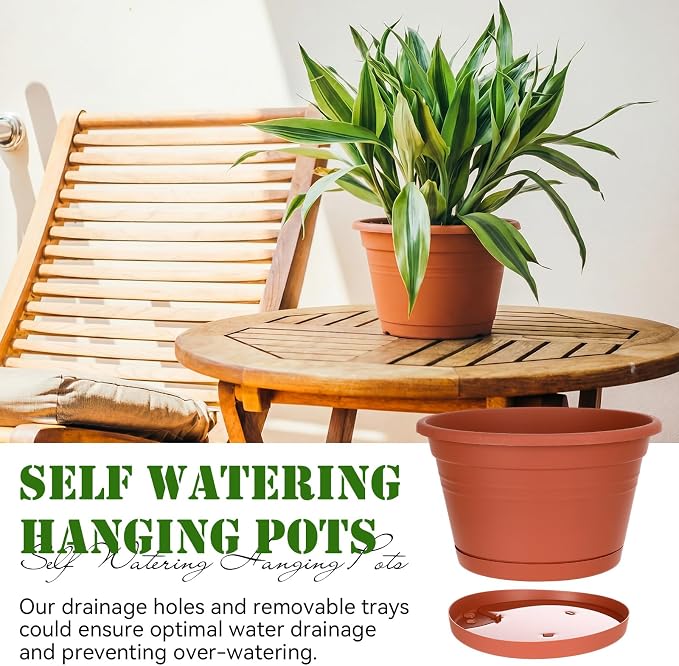 Roshtia 20 Pcs 10 Inch Hanging Baskets for Plants Large Plastic Hanging Basket Pots with Drainage Trays Self Watering Planter Pots for Outdoor Indoor Plants Flowers Garden Balcony (Brown)