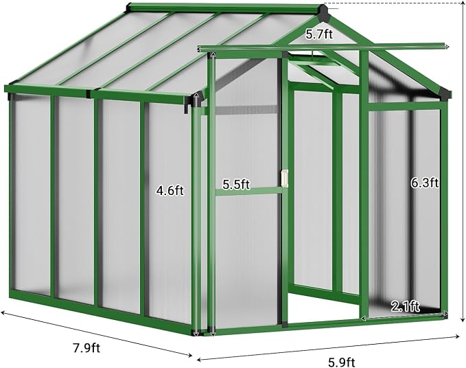 Garvee 6 X 8 Ft Greenhouse, Greenhouses for Outside, Polycarbonate Greenhouse with Aluminum Frame, Lockable Door and Ajustable Roof Vent for Backyard, Green Houses for Outside Garden Backyard, Patio