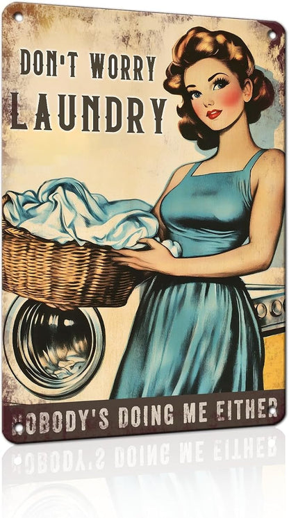 PEACHGARDEN Laundry Room Decor, Funny Laundry Signs Wall Decor, Don’t Worry Laundry Vintage Aluminum Metal Sign for Bathroom Mudroom Drying Area, Home Decor Gift for Women, 8x12 Inch