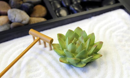 Nature's Mark Mini Zen Garden Kit for Desk with Rake, White Sand, Lotus Figure, 3 Sections Black Square Base, River Rocks and Black Rocks (9Lx9W C)