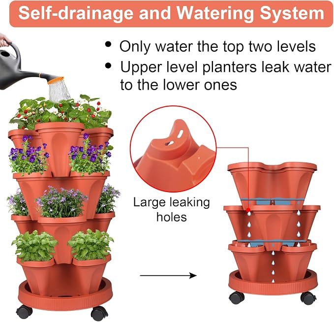 GameXcel Vertical Planter Tower - 4 Tier Stackable Garden Planters with Wheels and Tools Plant Pots for Strawberry Herb Flower and Vegetable Indoor Outdoor Use Red