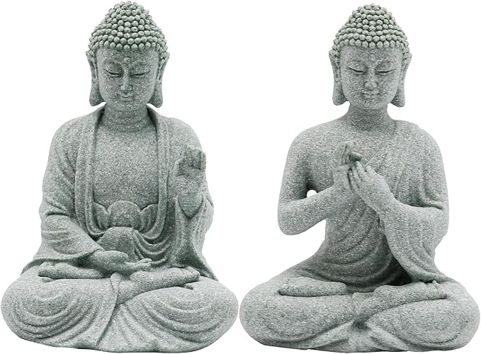 VIKKSAER 2Pcs Sandstone Buddha Statue Decorations for Asian Garden Underwater Landscaping Home Zen Decor, Small Meditating Sandstone Buddha Statues, Gifts for Friends, Family as Home Decorations