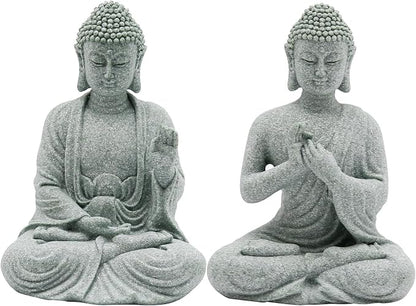 VIKKSAER 2Pcs Sandstone Buddha Statue Decorations for Asian Garden Underwater Landscaping Home Zen Decor, Small Meditating Sandstone Buddha Statues, Gifts for Friends, Family as Home Decorations