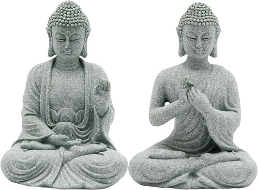 VIKKSAER 2Pcs Sandstone Buddha Statue Decorations for Asian Garden Underwater Landscaping Home Zen Decor, Small Meditating Sandstone Buddha Statues, Gifts for Friends, Family as Home Decorations