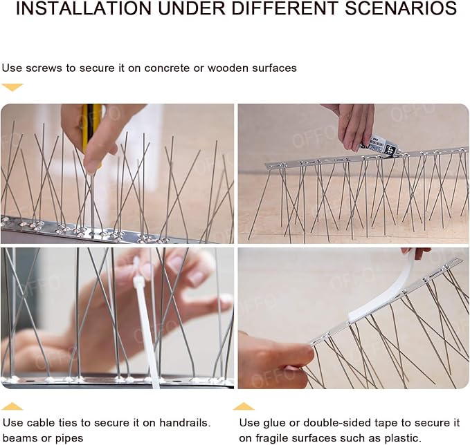 OFFO Bird Spikes Pre-Assembled for Pigeons Birds, Cover 48.7 Feet Durable Bird Spikes with Stainless Steel for Fence Roof Mailbox Window