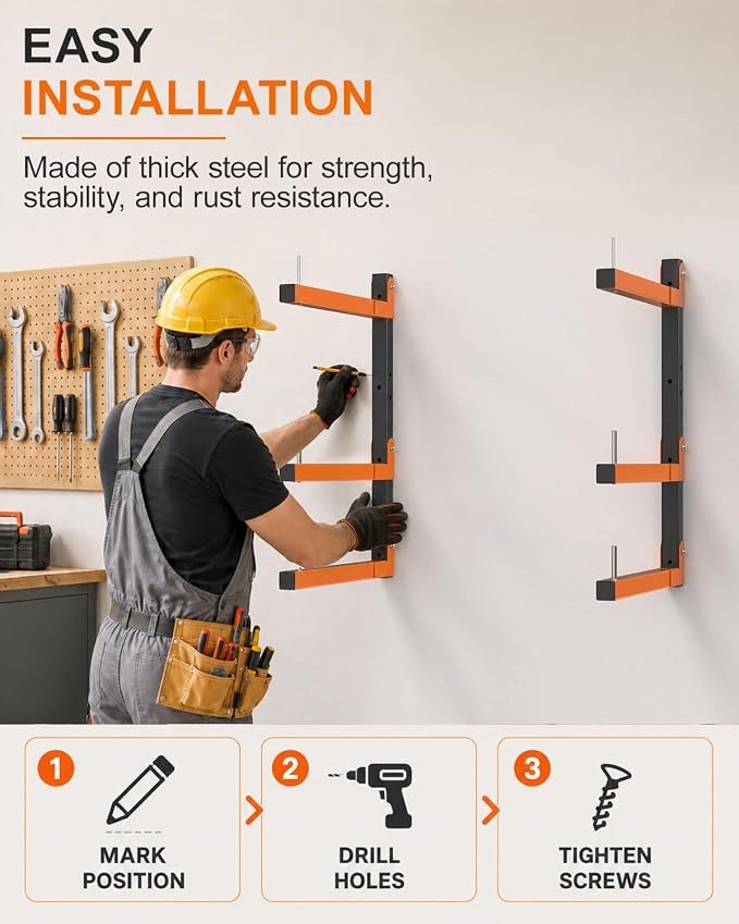 Lumber Storage Rack Wall-Mounted Lumber Racks Heavy Duty Wood Storage Rack with 6-Level Holds Up 720 LBS Sturdy Folding Garage Wood Organizer Orange Shelving Metal Shelf for Indoor & Outdoor- 4 Pack