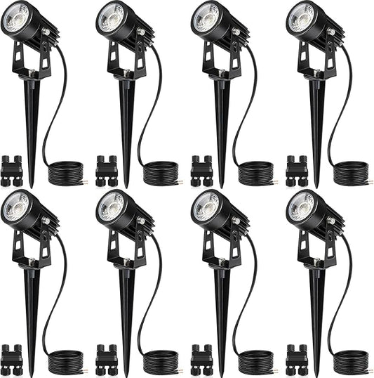 SUNVIE 3W Low Voltage Landscape Lighting Spot Lights with Connectors 8Pack | Waterproof Low Voltage Spotlight 3000K Warm White Outdoor LED Landscape Lights for Yard Garden House Tree Wall