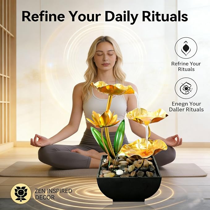 11‘’ H Gold Tabletop Water Fountain, Zen Desktop Waterfall, Indoor Lotus Desktop Decorative Fountain, Home Bathroom Bedroom Decor.