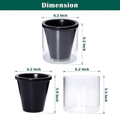 D'vine Dev 6 Inch Design Self Watering Planter for Indoor Plants, Black Terracotta Pot with Cylinder Glass Cup, Set of 2, 37-Y-B-3