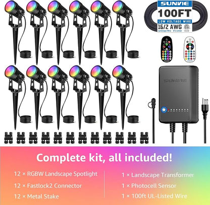 SUNVIE 3W RGBW LED Low Voltage Landscape Lighting Kit, Dusk to Dawn, 12 PCS | Color Changing Landscape Lights, IP65 Waterproof, Aluminum, All-in-One Landscape Lighting Kit, for Yard Garden Tree House