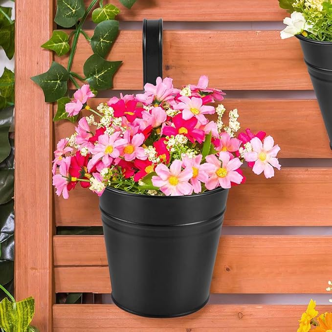 OBTANIM 12 Pack Metal Hanging Flower Pots Railing Planter Outdoor Fence Hanging Bucket Plant Holder with Detachable Hooks Drain Holes for Home Garden Yard Decor (Black, 4 x 4 Inch)