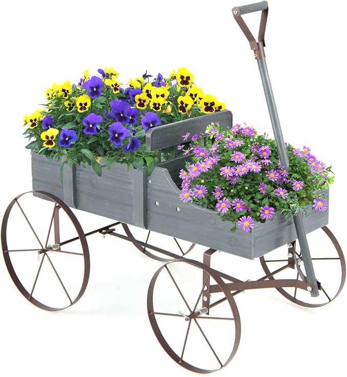 Goplus Wagon Planter, Decorative Wooden Garden Planter with Wheels, 2 Planting Sections and Adjustable Handle, Indoor Outdoor Backyard Balcony Decor (Gray)