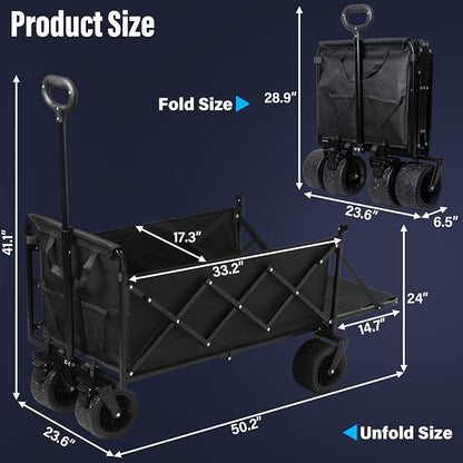 Upgraded Folding Wagon Cart with All-Terrain Wheels – Heavy Duty Collapsible Utility Wagon for Grocery, Sports, Garden, Camping, Shopping (Black 600LBS)