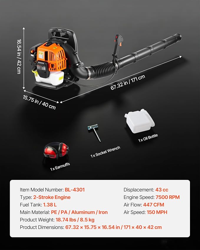 VEVOR Backpack Leaf Blower, 43CC 2-Stroke Engine Gas Powered Leaf Blower with 1.38L Fuel Tank, 447 CFM Air Volume, 150 MPH Air Speed, Ideal for Lawn Care, Leaves Cleaning, Yard Debris & Snow Removal