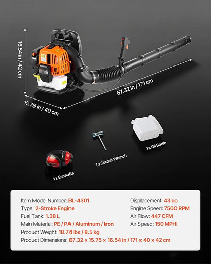 VEVOR Backpack Leaf Blower, 43CC 2-Stroke Engine Gas Powered Leaf Blower with 1.38L Fuel Tank, 447 CFM Air Volume, 150 MPH Air Speed, Ideal for Lawn Care, Leaves Cleaning, Yard Debris & Snow Removal