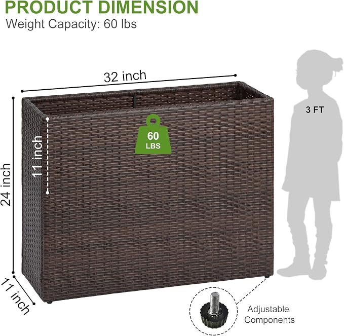 LEWIS&WAYNE Tall Planters for Outdoor Wicker Large Rectangular Block Box | All-Weather, Handmade PE Rattan, Removable Liner, Indoor Outdoor, Patio Porch Garden, Modern Design