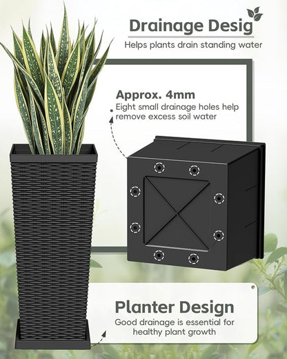 Greesum Set of 2 Tall Plastic Planters with Saucer, 30 Inch Large Pots with Drainage Trays, Weather-Resistant Plastic Plant Containers for Patio, Porch, Garden,Black
