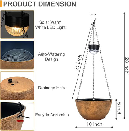 SUNNYPARK 2 Pack Solar Hanging Planters for Plants Outdoor | Self Watering, Bronze Flower Pots with Solar Light, Hanging Garden Planters with Drainer for Balcony Patio Outdoor Decor