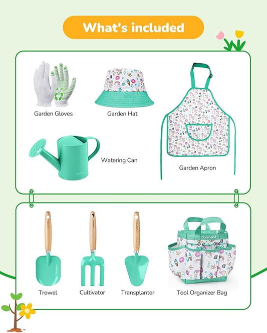 Grenebo Kids Gardening Set Toys,Includes Metal Trowel,Transplanting Shovel,Garden hat,Rake,Apron,Gloves,Watering Can,and Tool Organizer Bag (Lake Green)