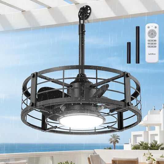 addlon 20 Inch Outdoor Ceiling Fans with Lights, IP65 Waterproof Plug in Caged Hanging Fan for Gazebo, Remote Control, 3 CCT, 6 Speeds Reversible Outdoor Fan for Patio, Pergola, Porch