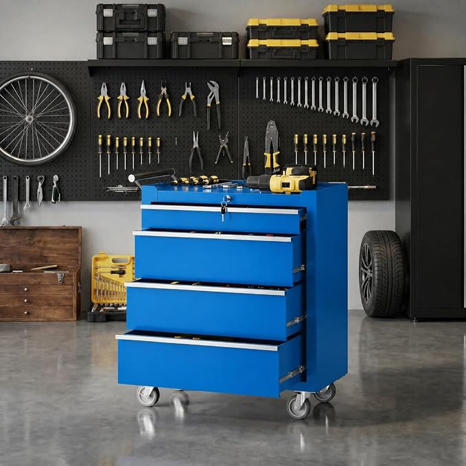 IDEALHOUSE Rolling Tool Chest, 5 Drawers Tool Storage Cabinet, Toolbox with Wheels, Portable Tool Cabinet Organizer with Locking System & Drawer Liners, Tool Storage Cart for Garage, Workshop, Blue