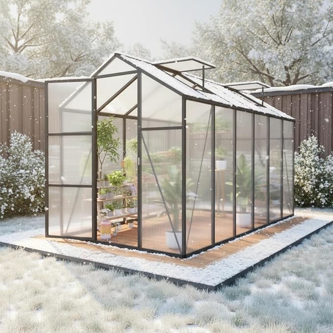 6x12 FT Greenhouse, Walk-in Outdoor Polycarbonate Garden Greenhouses with Aluminum Frame, 4mm PC Panels, Adjustable Roof Vents & Lockable Hinged Door for Backyard Growing, Black