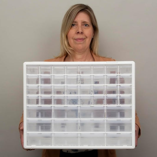 Akro-Mils 44-Drawer Plastic Drawer Storage Cabinet for Garage Organization, Bead Organizer, Building Bricks Storage, Teacher Toolbox, Makeup Organizer, 20-Inch W x 6-Inch D x 16-Inch H, 10144 White
