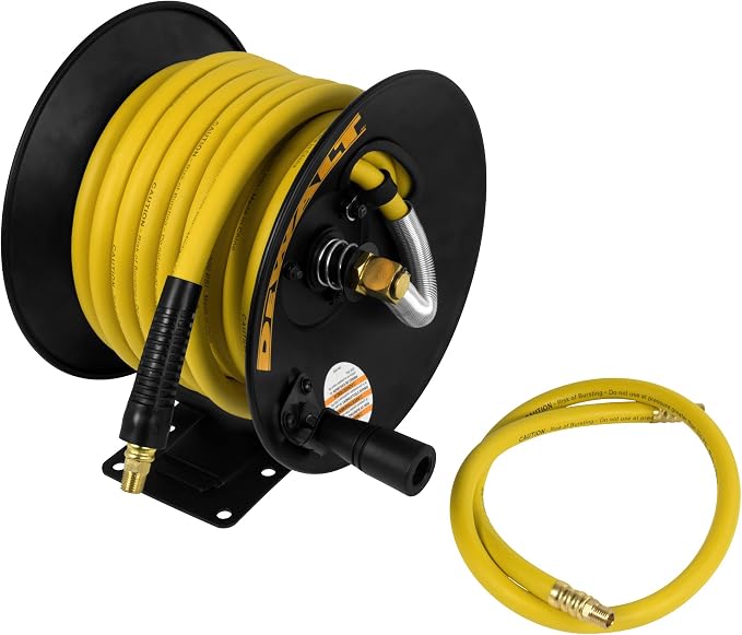 DEWALT DXCM024-0348 3/8" x 50' Manual Hose Reel with Rubber Hose, Yellow & ColorFit by Milton Coupler & Plug Kit - (M-Style, Red) - 1/4" NPT, (14-Piece) - S-314MKIT