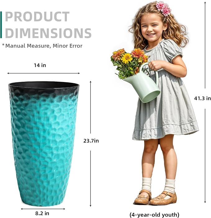 23.75" Turquoise Teal Plastic Tall Planters with Honeycomb Texture | Set of 2 PP tall planters with turquoise teal honeycomb texture, drainage plugs, and UV-treated finish for porch or patio