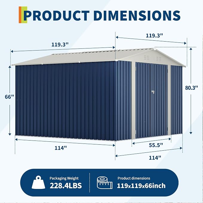 Garvee 10x10 FT Metal Storage Shed – Lockable Doors, Floor Frame, Blue | Spacious 10x10 interior – stores bikes, tools, and more.